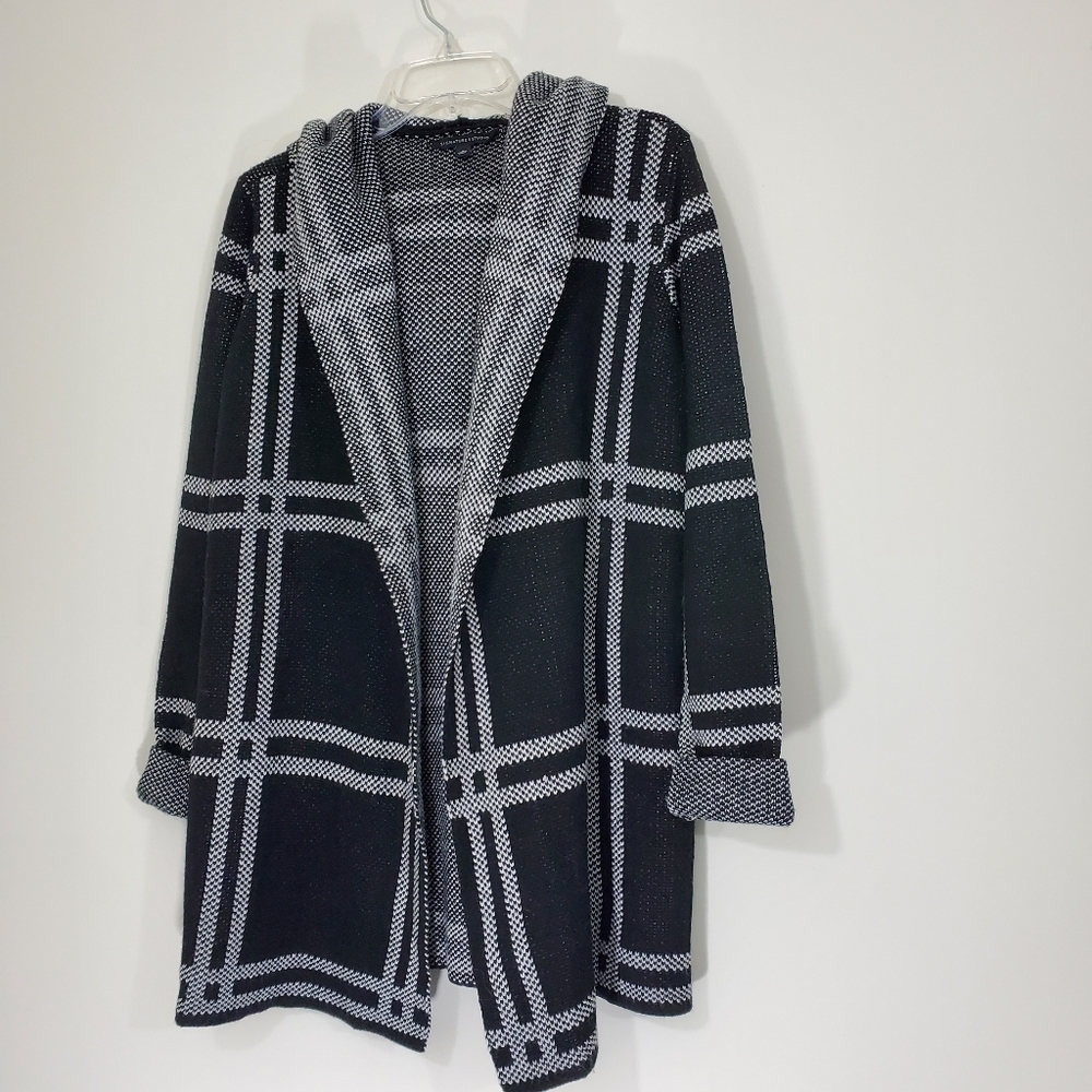 Signature Studio Long Black White Cardigan with hood  Size Small